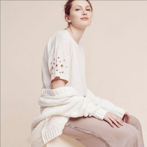 Anthropologie Postmark Catina Tan/White Striped Eyelet Top - Picture 1 of 6